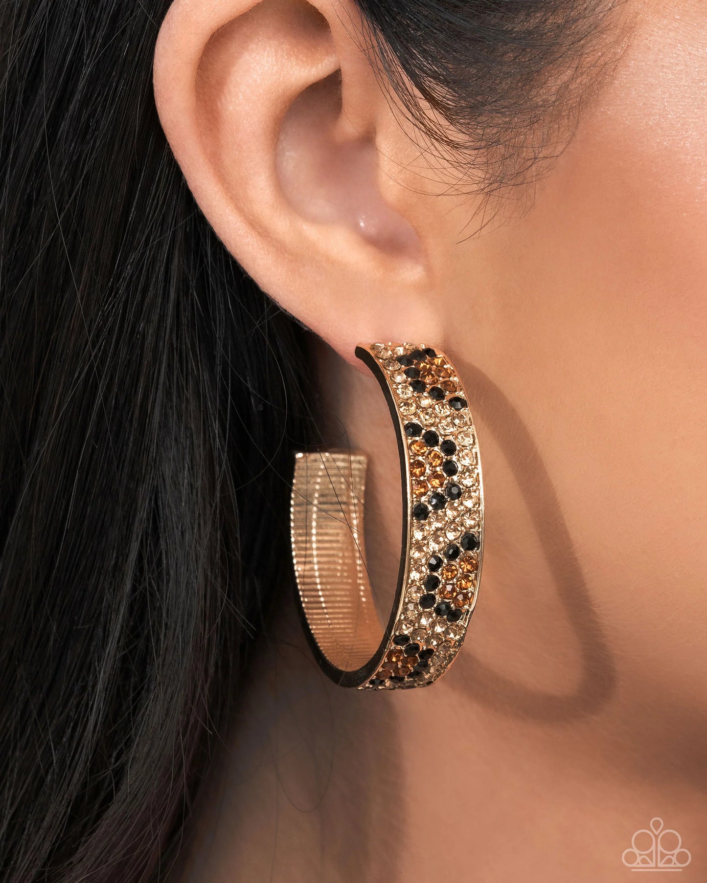 Cheetah Clique - Gold Thick Hoop/Black & Brown Rhinestones Paparazzi Hoop Earrings