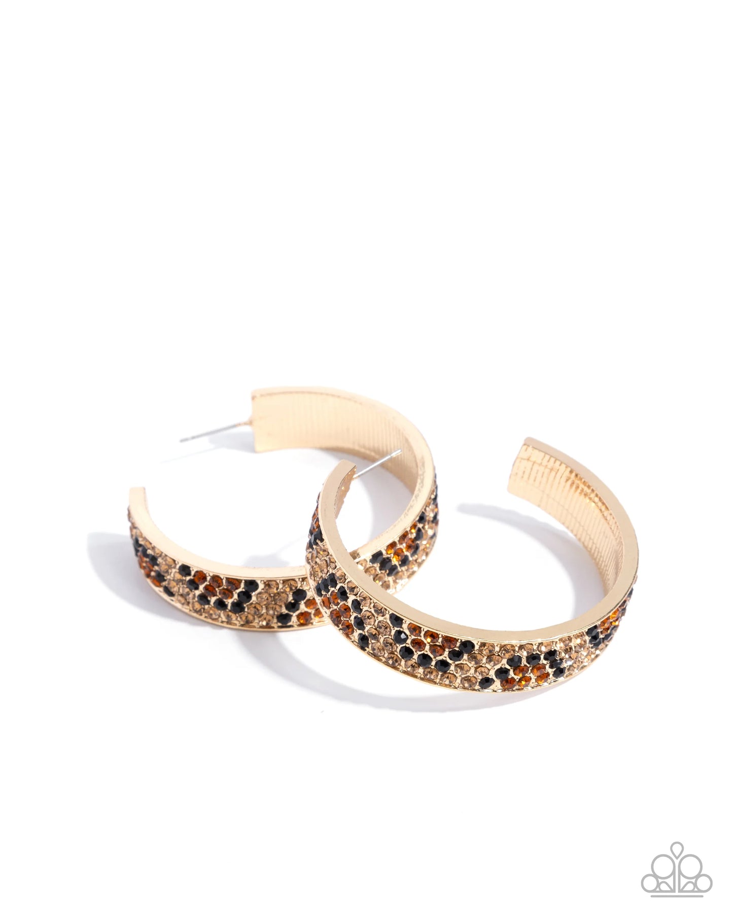 Cheetah Clique - Gold Thick Hoop/Black & Brown Rhinestones Paparazzi Hoop Earrings