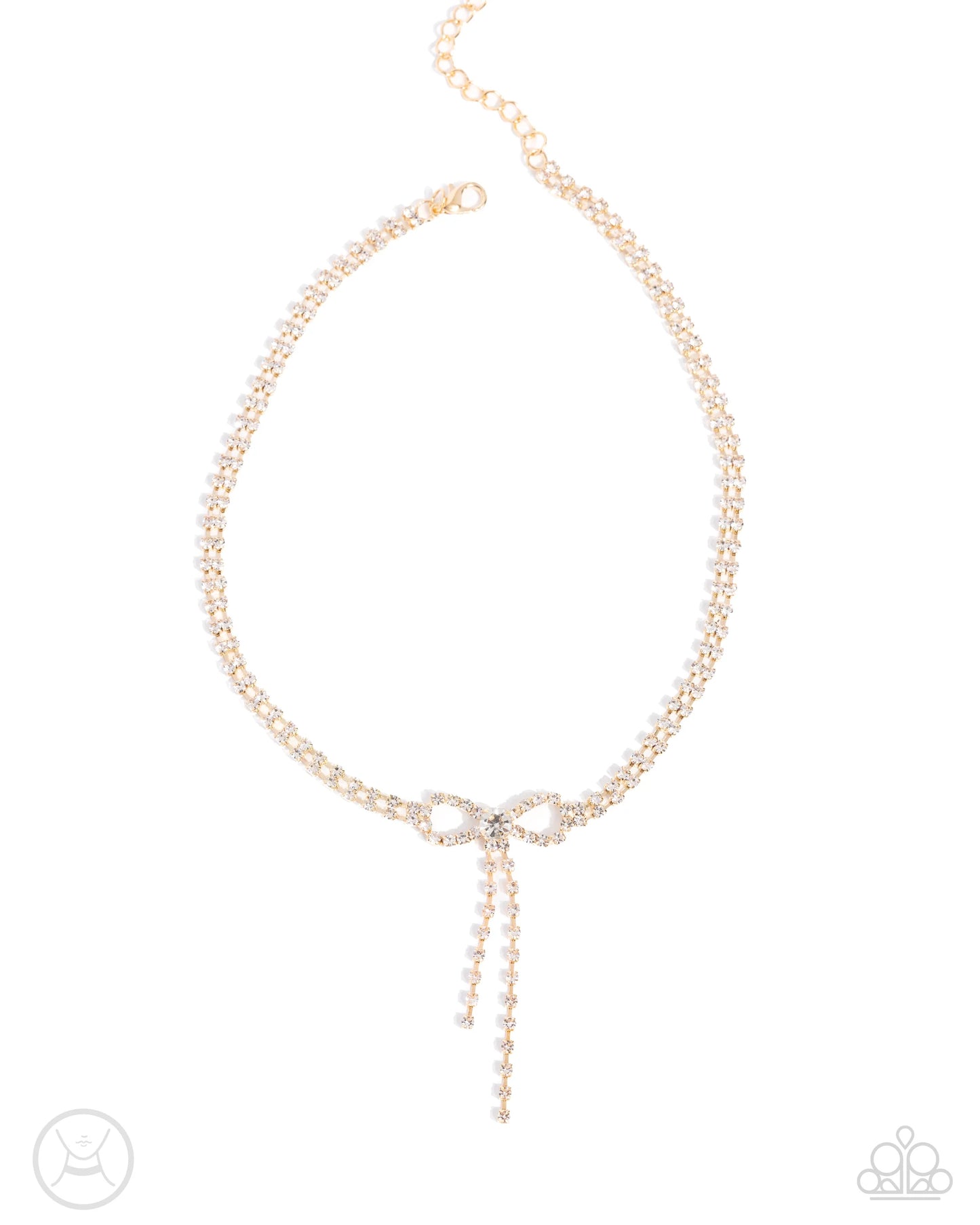 Dapper Complete Set - Gold Fittings/White Rhinestone Bow Paparazzi Necklace, matching earrings, & Bracelet