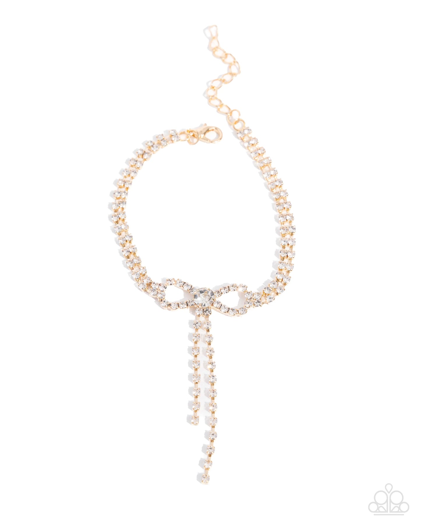 Dapper Complete Set - Gold Fittings/White Rhinestone Bow Paparazzi Necklace, matching earrings, & Bracelet