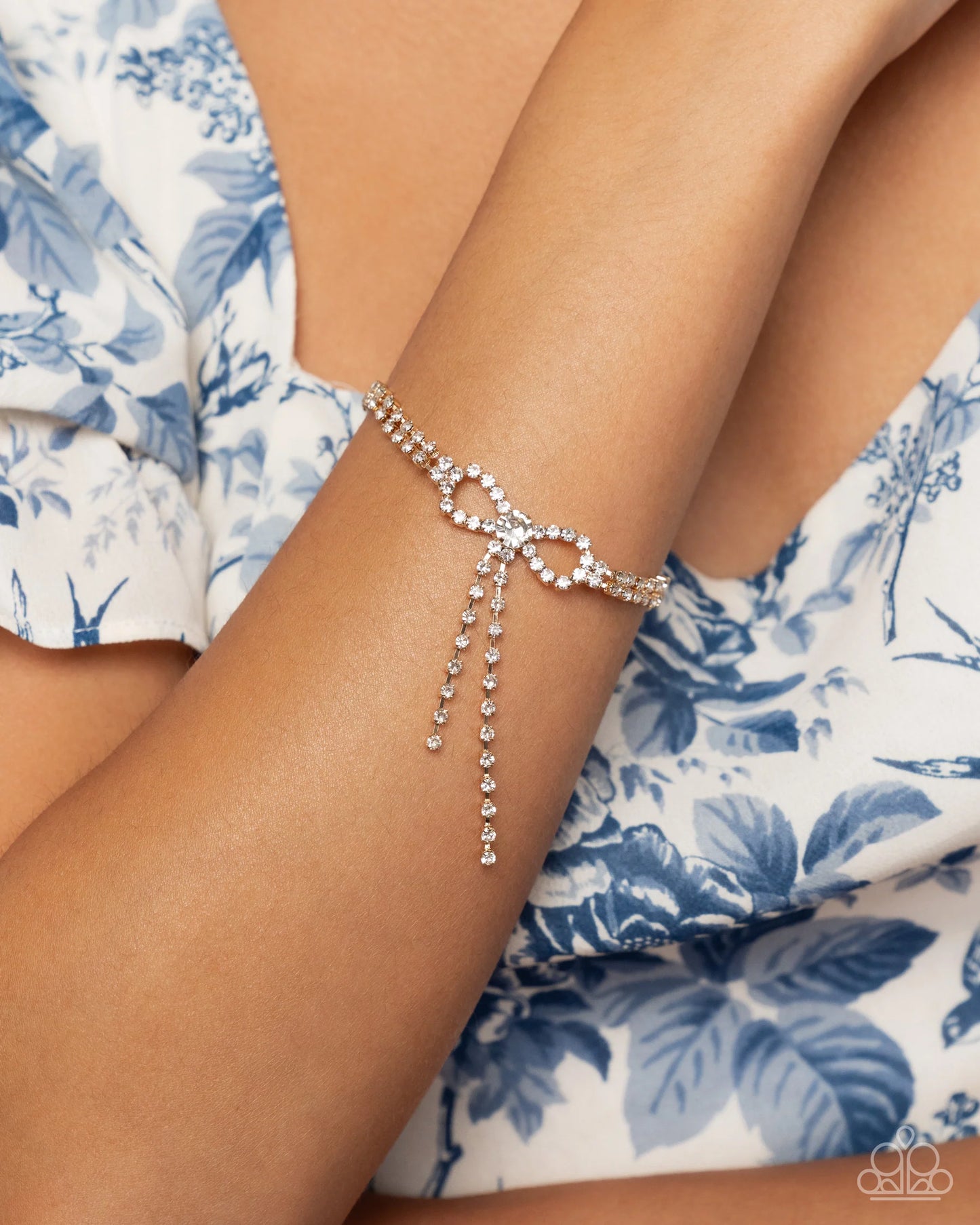 Dapper Complete Set - Gold Fittings/White Rhinestone Bow Paparazzi Necklace, matching earrings, & Bracelet