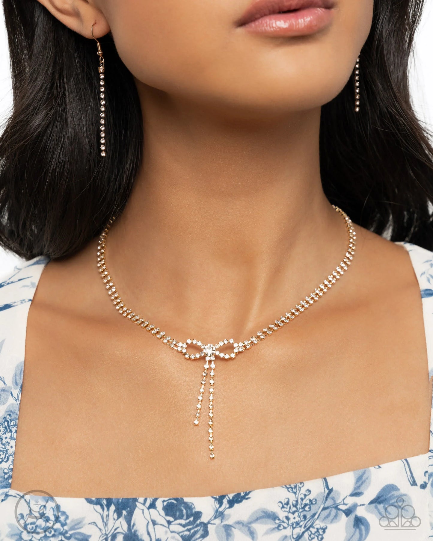 Dapper Complete Set - Gold Fittings/White Rhinestone Bow Paparazzi Necklace, matching earrings, & Bracelet