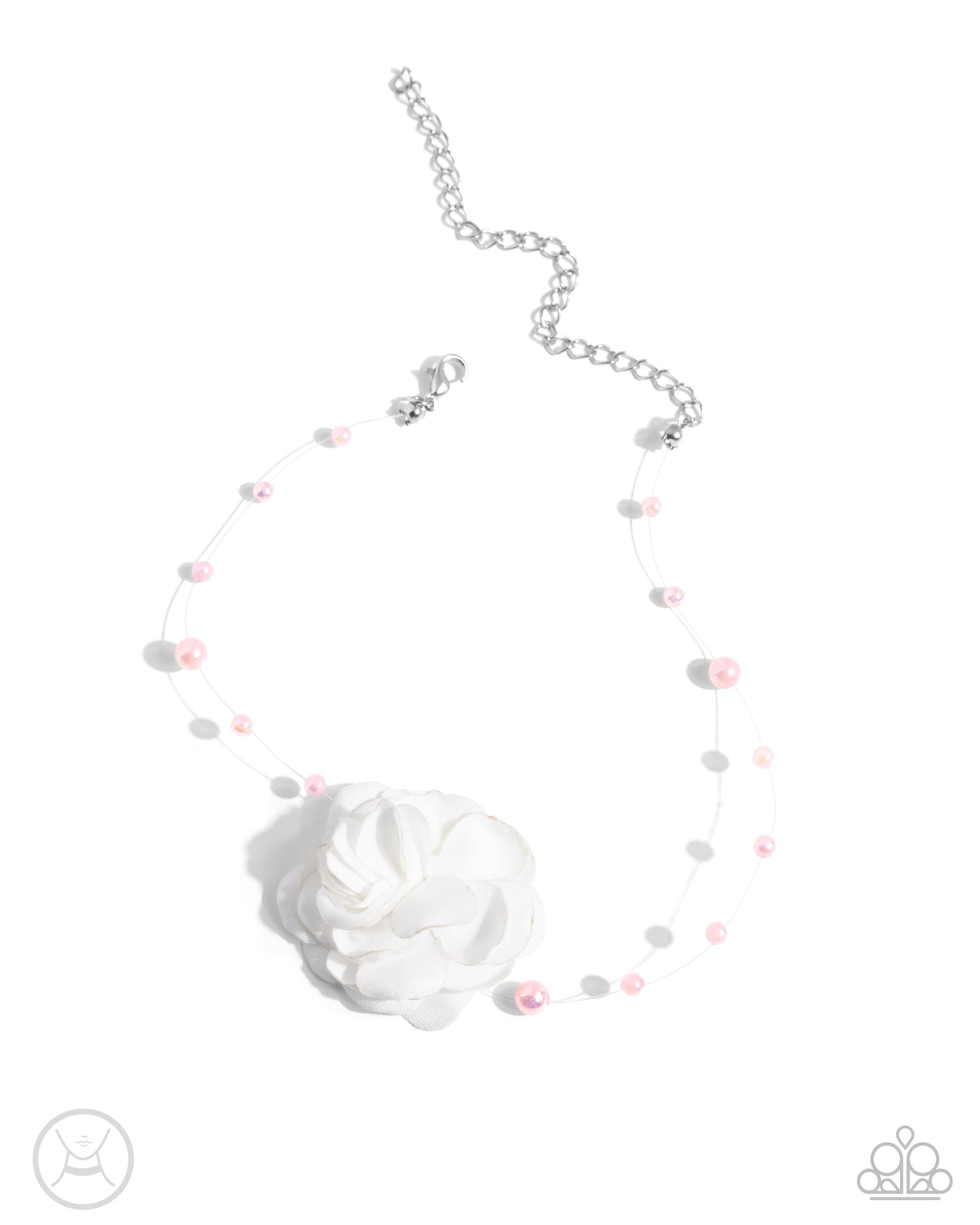 Life is the Bubbles - Pink Pearls/White Fabric Flower Paparazzi Choker Necklace & matching earrings
