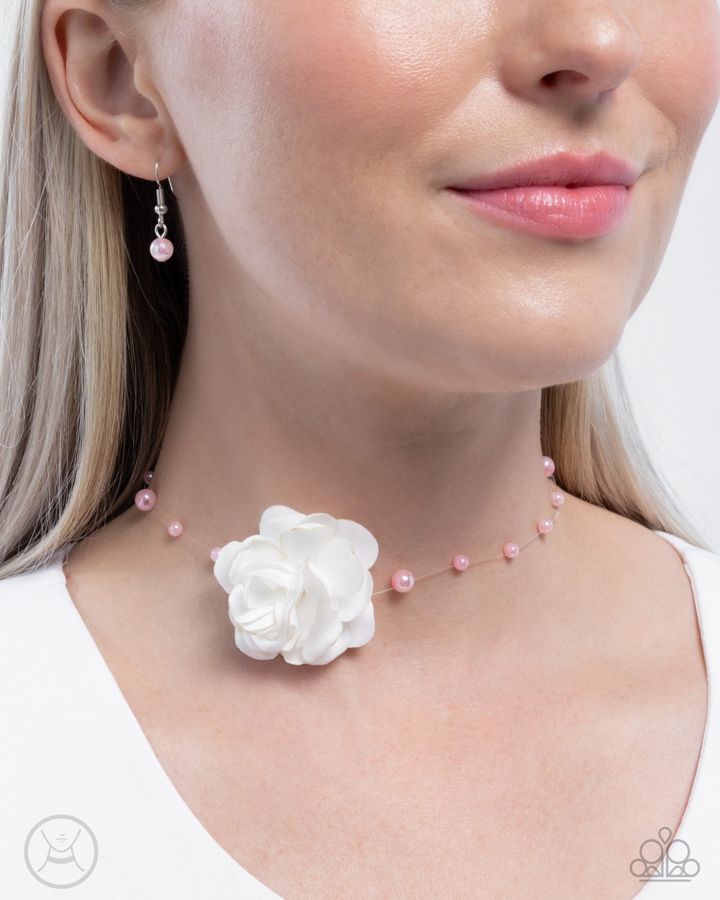Life is the Bubbles - Pink Pearls/White Fabric Flower Paparazzi Choker Necklace & matching earrings