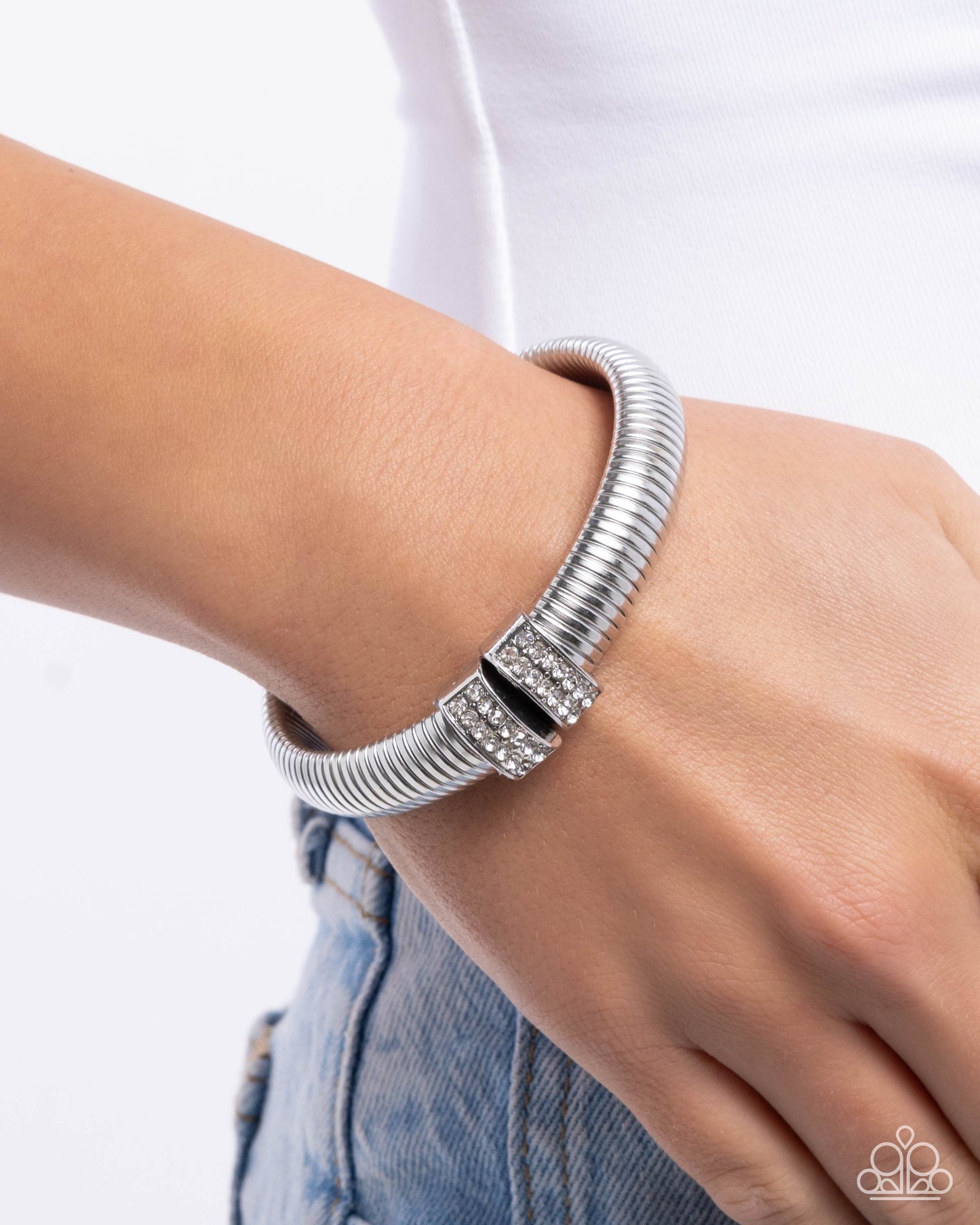 Tailored Transit - White Rhinestones & Silver Cable Paparazzi Cuff Bracelet