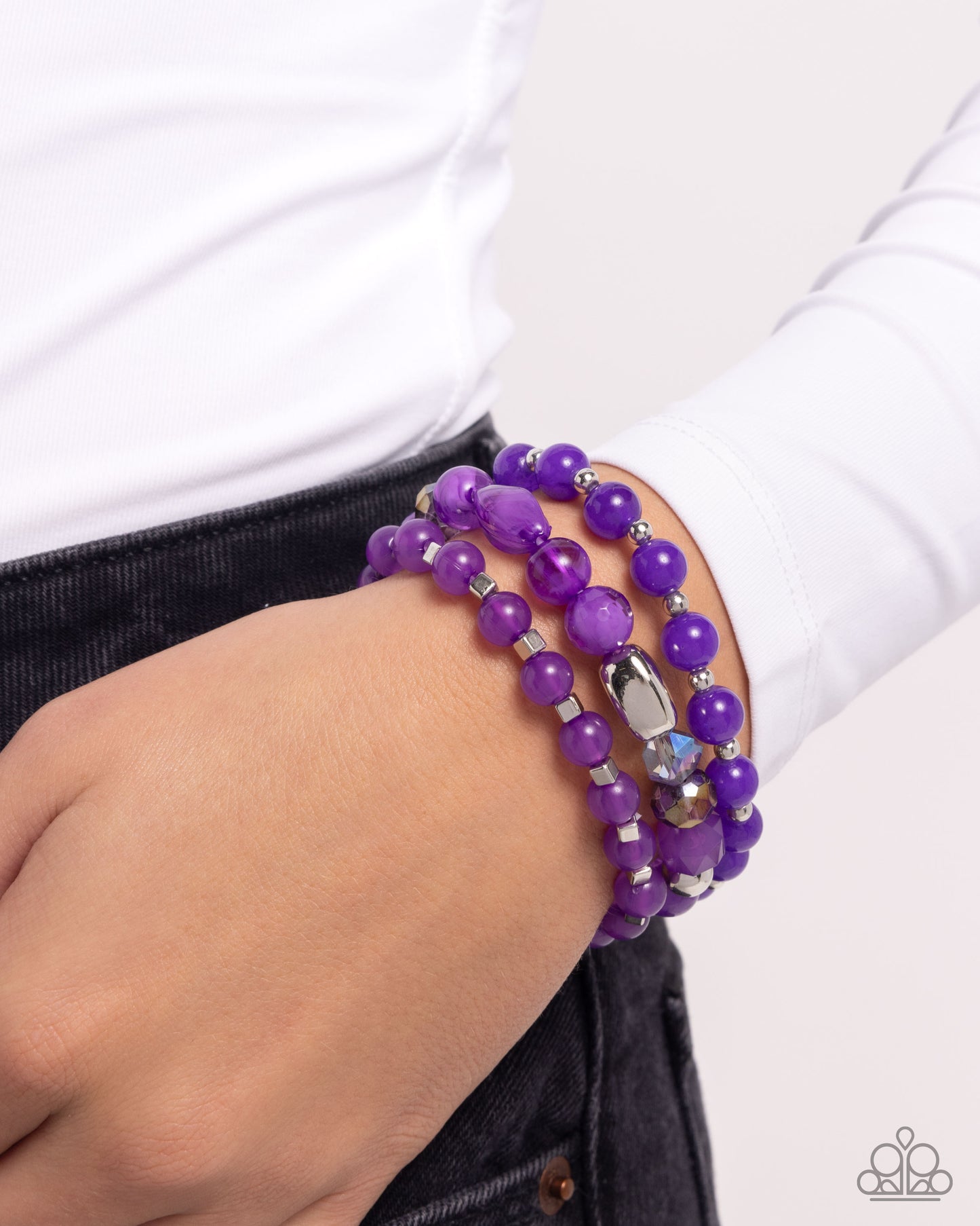 Breathtaking Beat - Purple, Iridescent, Silver Beaded Paparazzi Set of 3 Stretch Bracelets