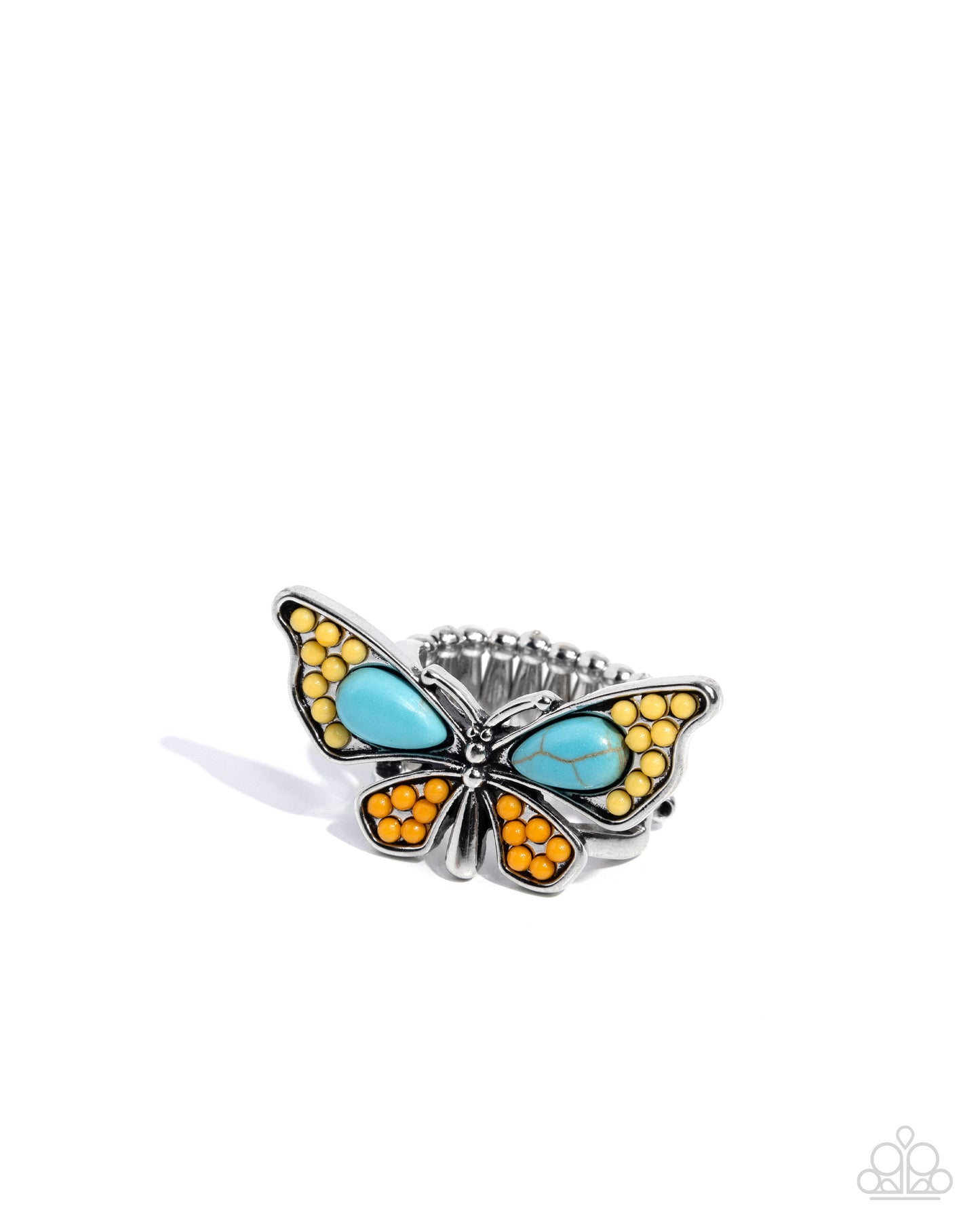 Aerial Acceleration - Yellow & Orange Seed Beads/Turquoise Stone Butterfly Paparazzi Ring
