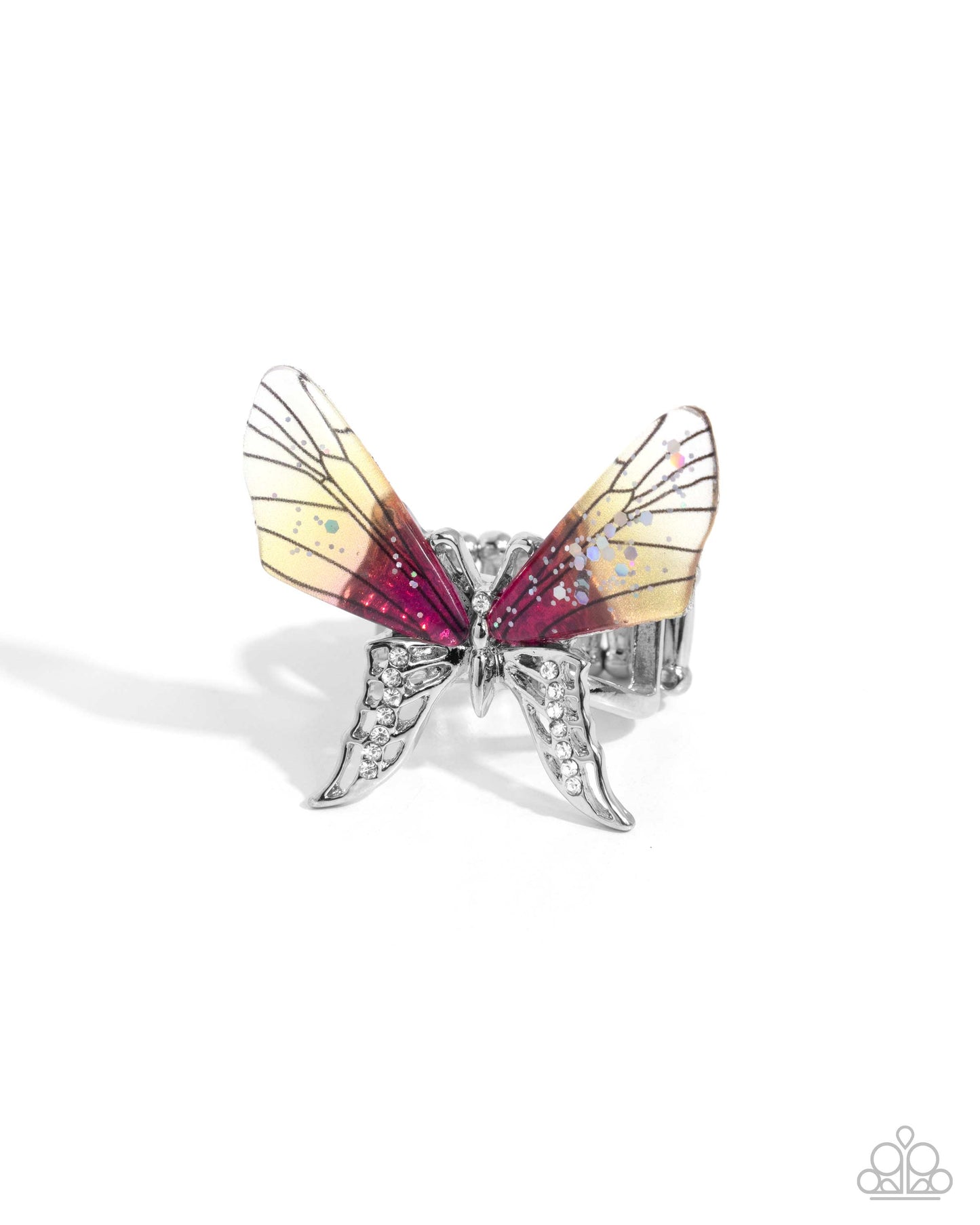 Light Landing - Yellow to Pink Acrylic/Silver Monarch-Inspired Butterfly Ring