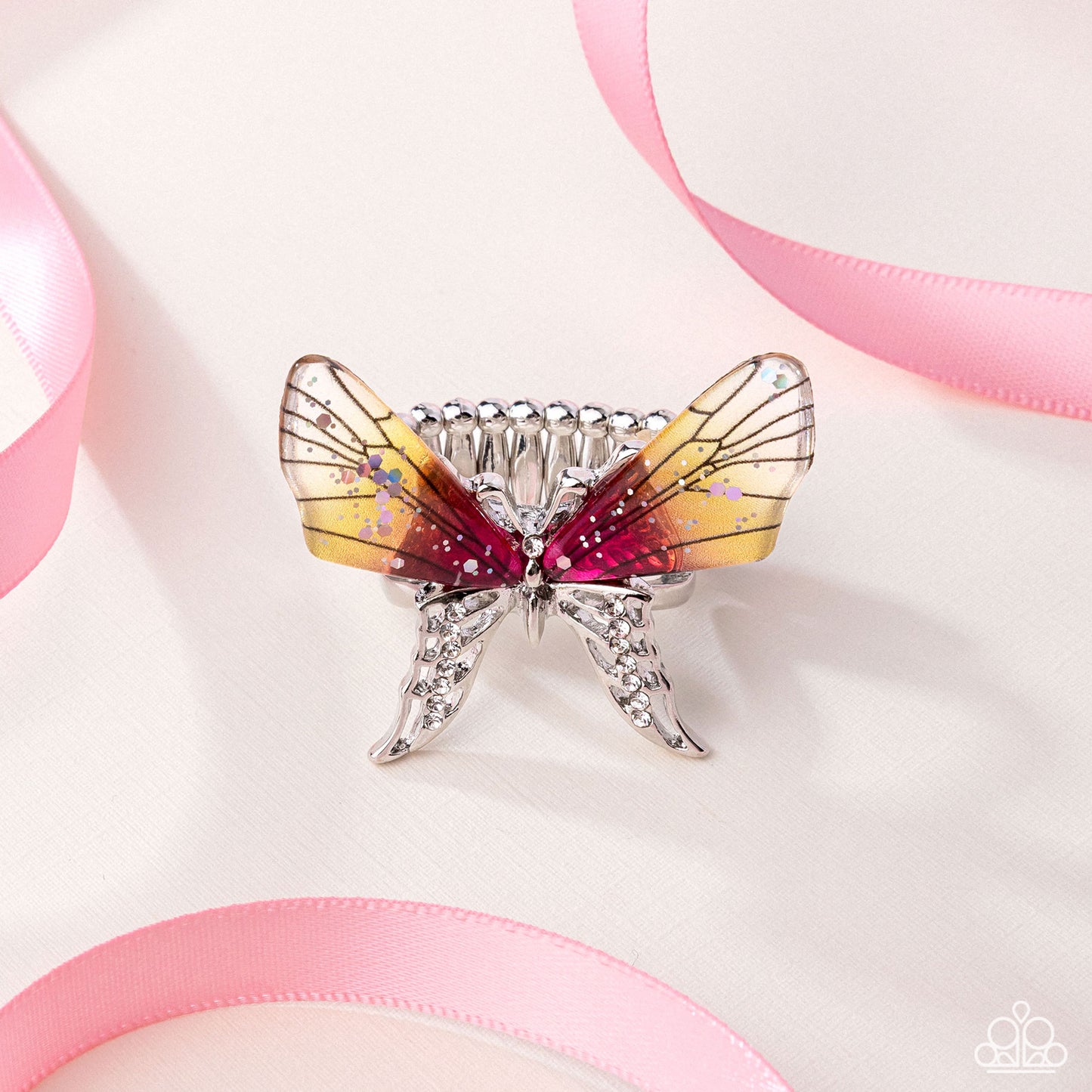 Light Landing - Yellow to Pink Acrylic/Silver Monarch-Inspired Butterfly Ring