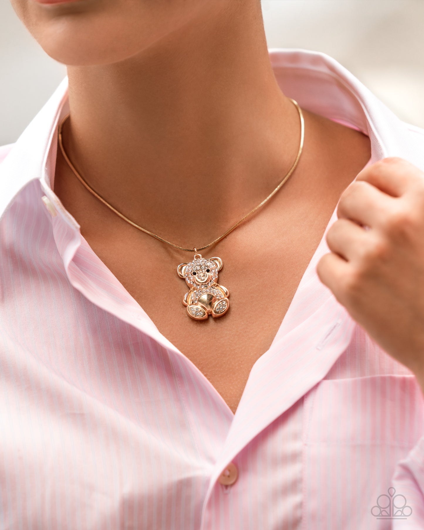 Cuddly Chic - Gold/Incandescent White Rhinestone Encrusted Bear Pendant Paparazzi Necklace & matching earrings