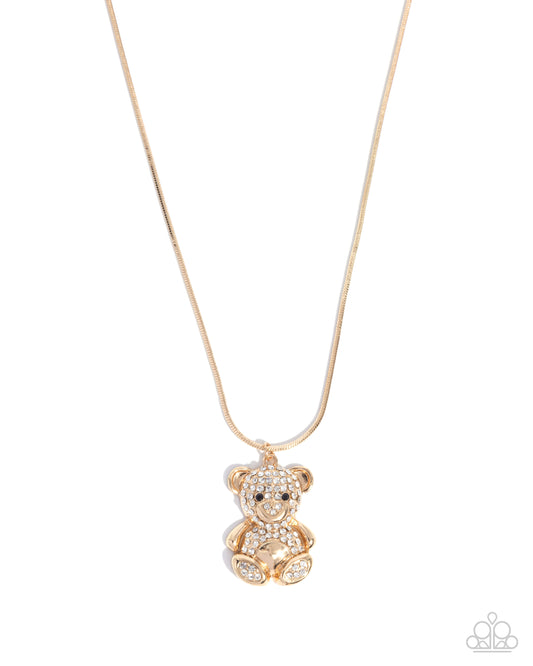 Cuddly Chic - Gold/Incandescent White Rhinestone Encrusted Bear Pendant Paparazzi Necklace & matching earrings