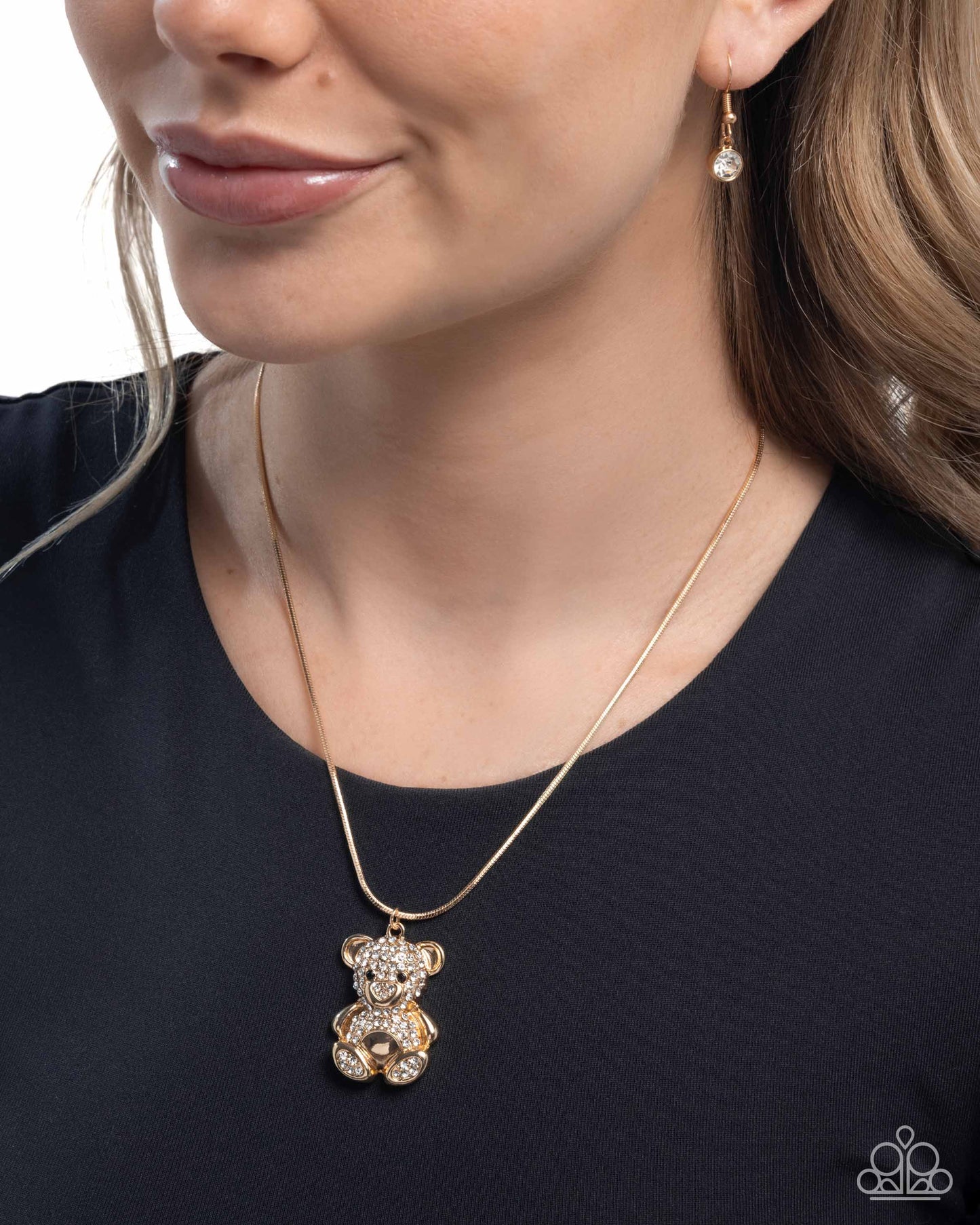 Cuddly Chic - Gold/Incandescent White Rhinestone Encrusted Bear Pendant Paparazzi Necklace & matching earrings