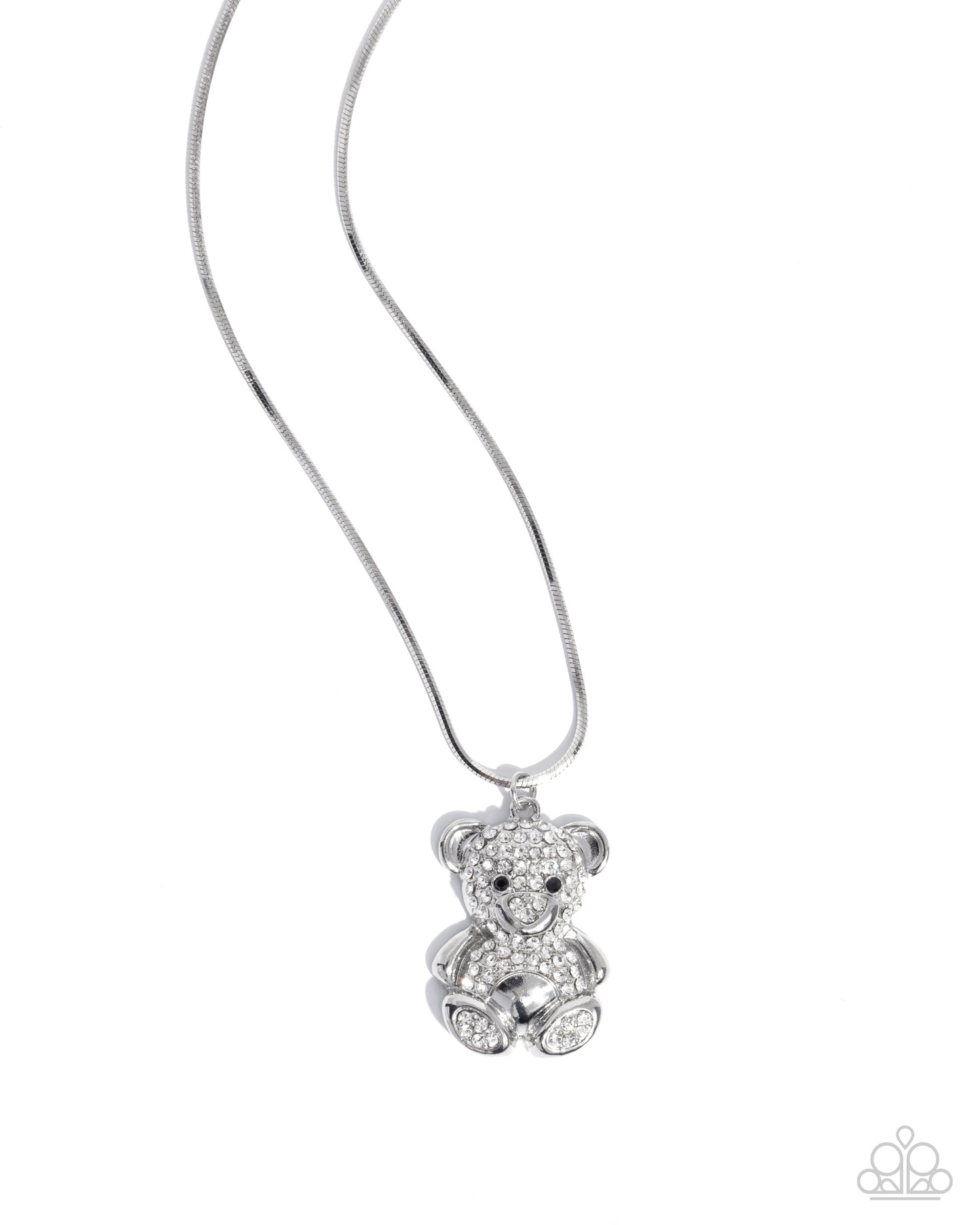 Cuddly Chic - White Rhinestone Embellished Silver Teddy Bear Pendant Paparazzi Necklace & matching earrings