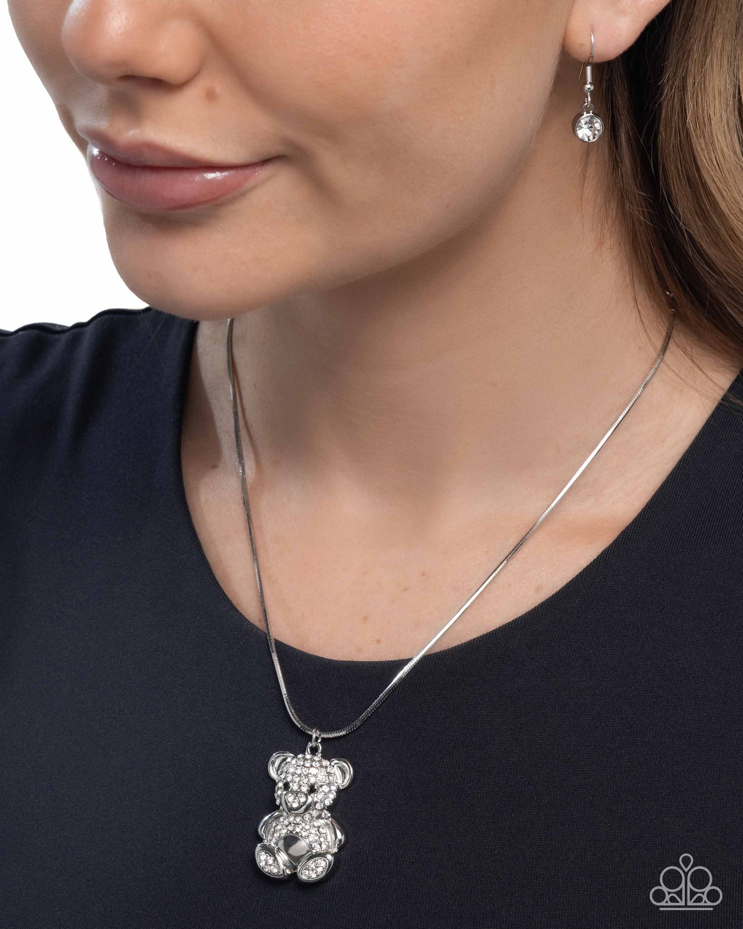 Cuddly Chic - White Rhinestone Embellished Silver Teddy Bear Pendant Paparazzi Necklace & matching earrings
