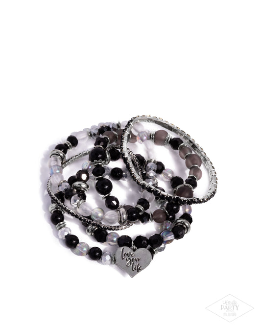 Optimistic Opulence - Black & White Beads/Black Rhinestones/"Love Your Life" Charm Paparazzi Set of 6 Stretch Bracelets