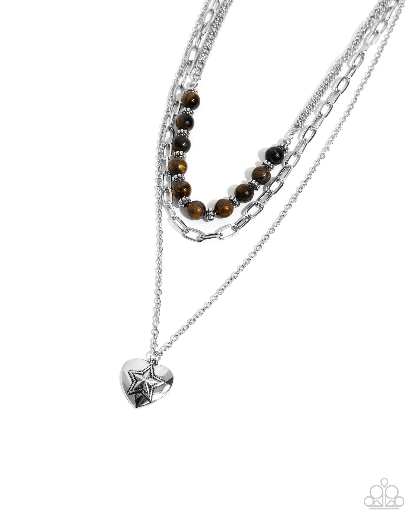 Home Stretch - Brown Tiger's Eye Beads/Silver Chains/Silver Heart Pendant Paparazzi Necklace & matching earrings