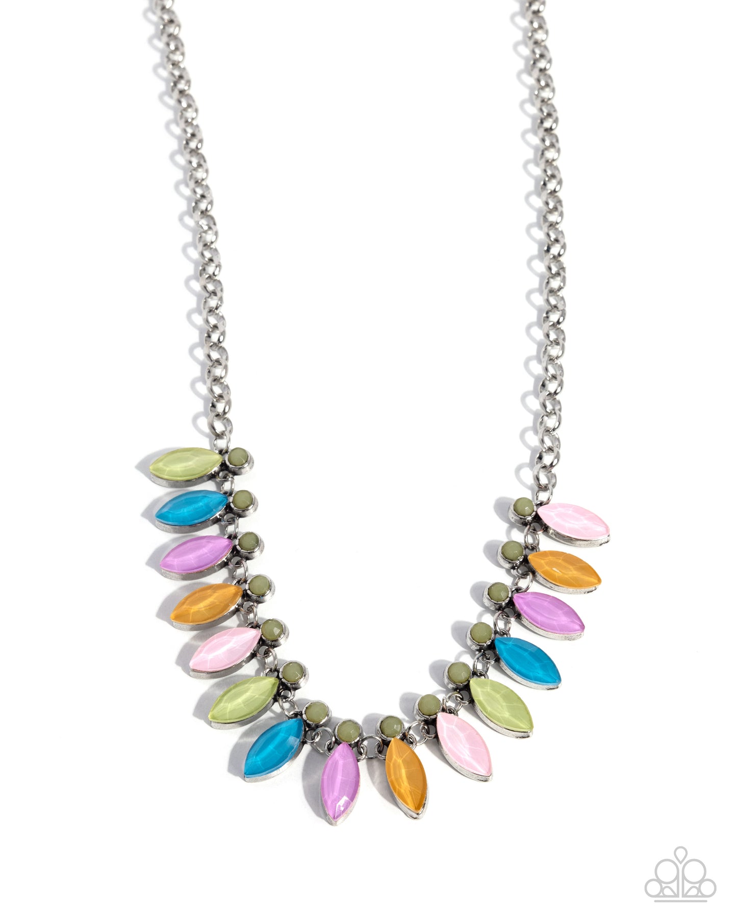 Colorful Citation - Multicolored Marquise-Cut Gems/Green Beaded Paparazzi Necklace & matching earrings