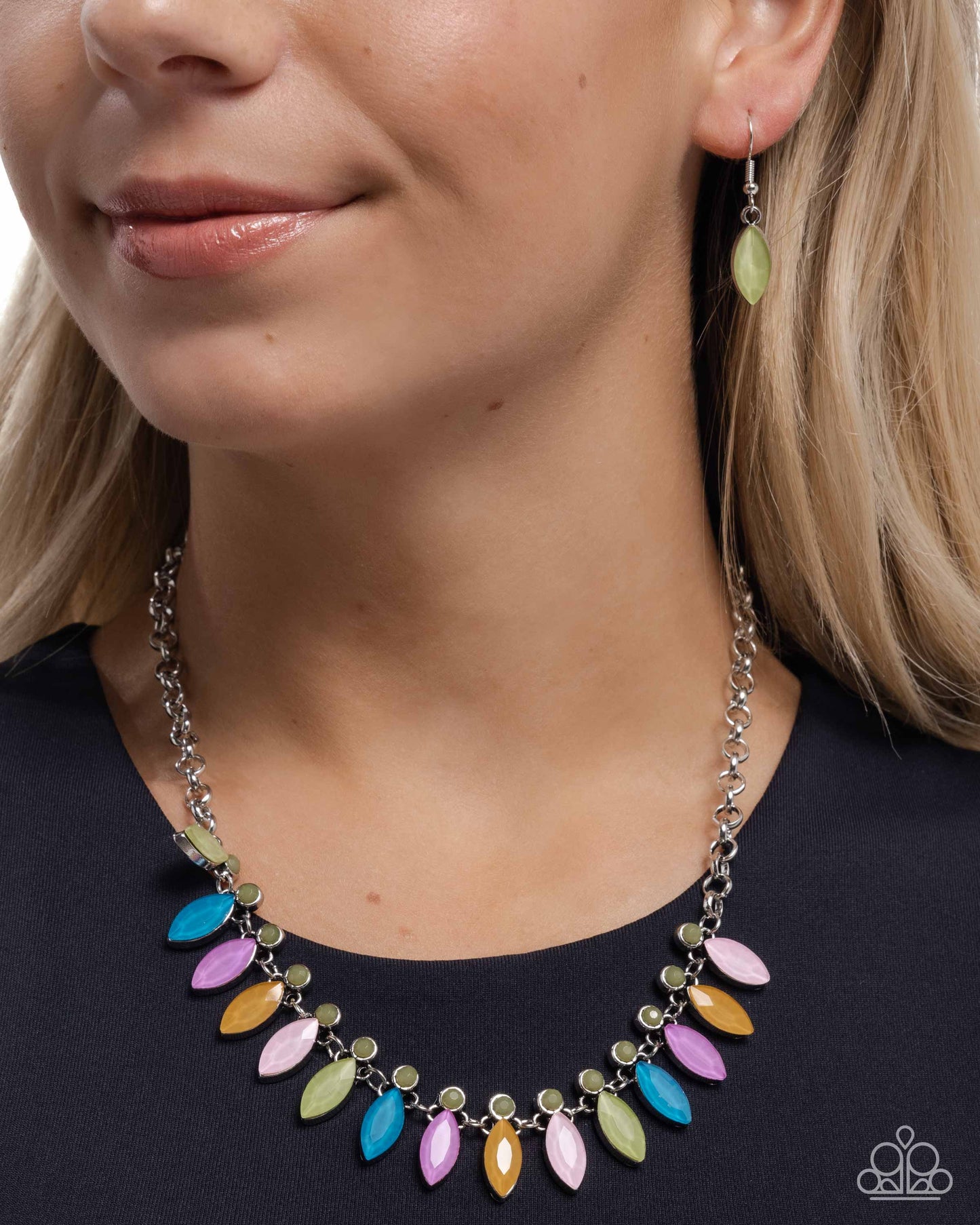 Colorful Citation - Multicolored Marquise-Cut Gems/Green Beaded Paparazzi Necklace & matching earrings
