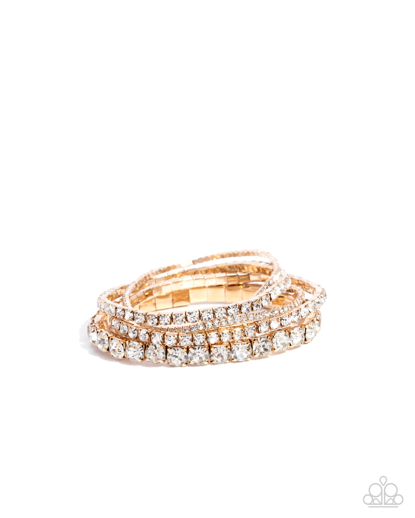 Persistent Pizzazz - Gold & White Rhinestone Set of 5 Paparazzi Stretch Bracelets