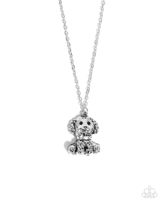 Poodle Pizzazz - White Rhinestone Collar/Silver Poodle Pendant Paparazzi Necklace & matching earrings