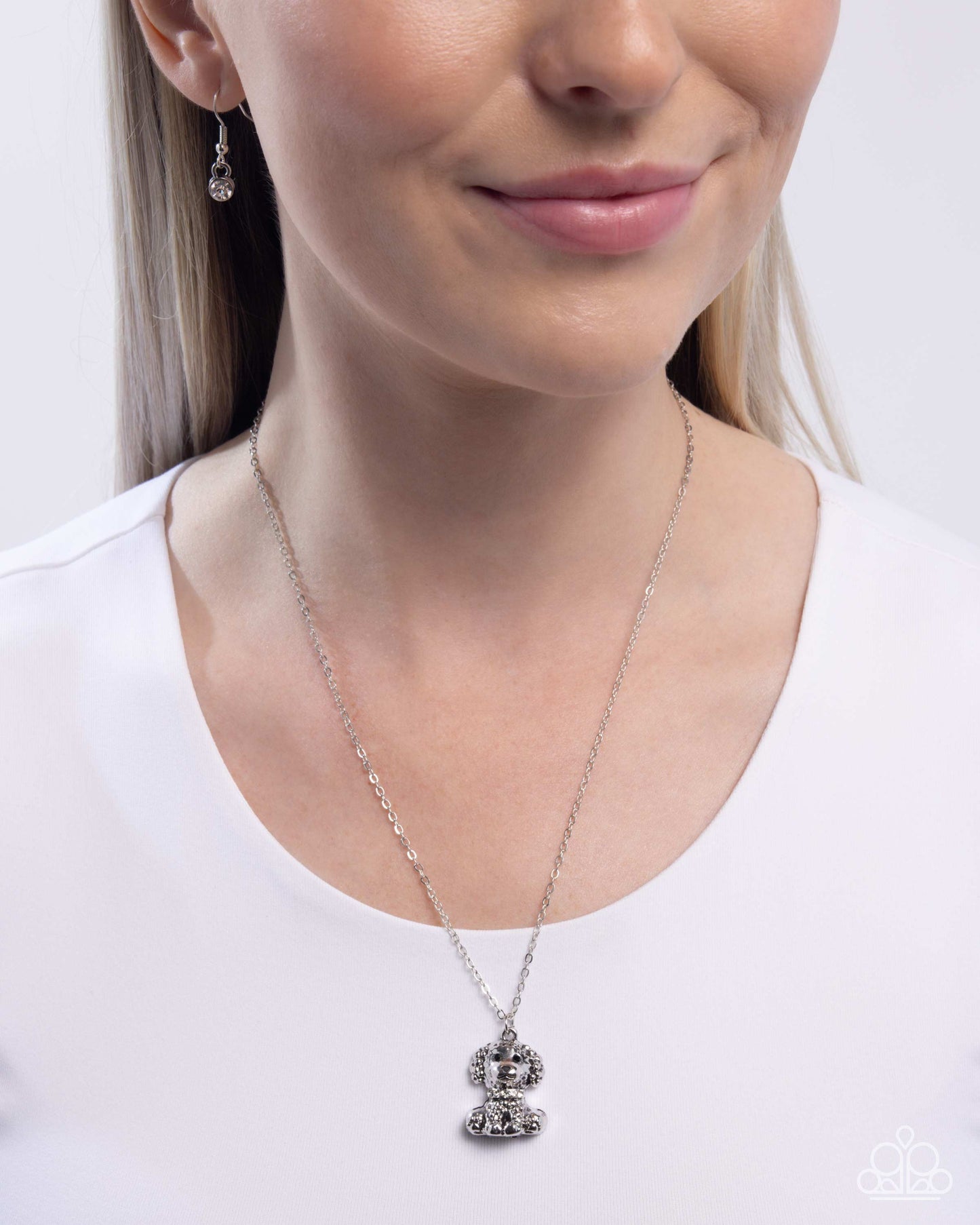 Poodle Pizzazz - White Rhinestone Collar/Silver Poodle Pendant Paparazzi Necklace & matching earrings