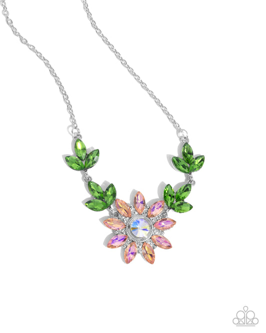 Blossoming Baseline - Orange Iridescent Rhinestone/Green Gems Flower Paparazzi Necklace & matching earrings