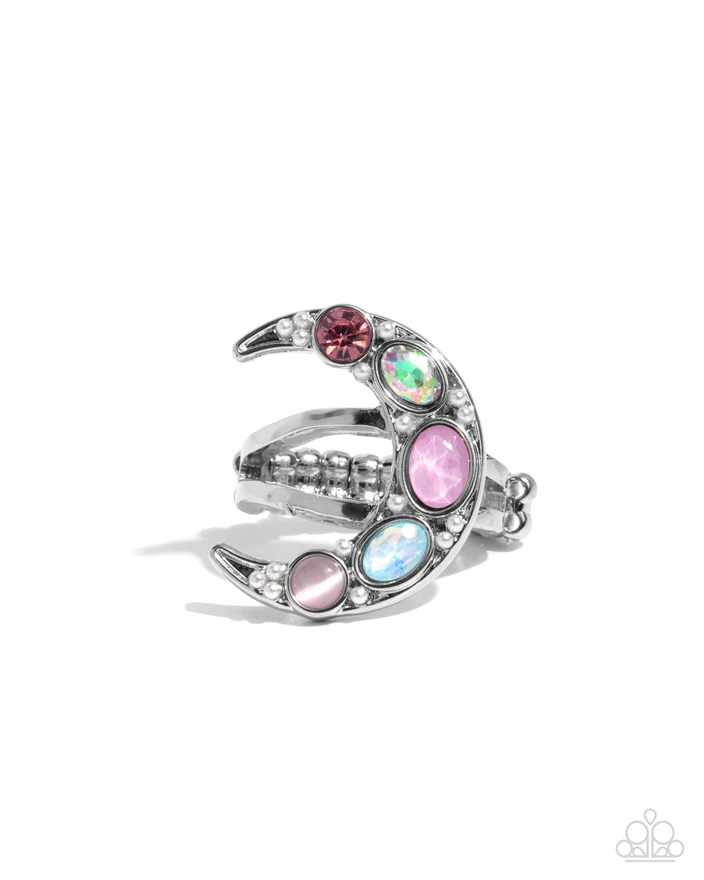 Lunar Leader - Pink Gem, UV Pink Oval, Cloudy Pink Oval, Blue Opal, Pink Cat's Eye, Silver Crescent Moon Paparazzi Ring