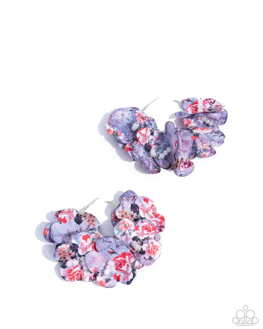 Whimsical Walk - Purple Floral Patterned Fabric Petals/Silver Hoop Paparazzi Earrings