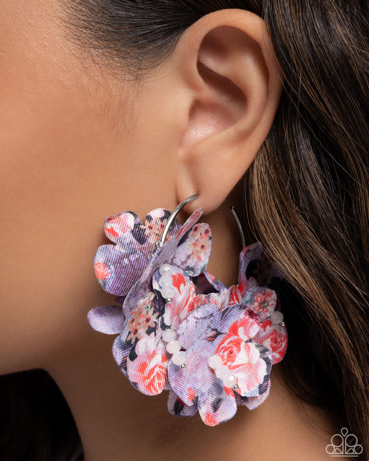 Whimsical Walk - Purple Floral Patterned Fabric Petals/Silver Hoop Paparazzi Earrings