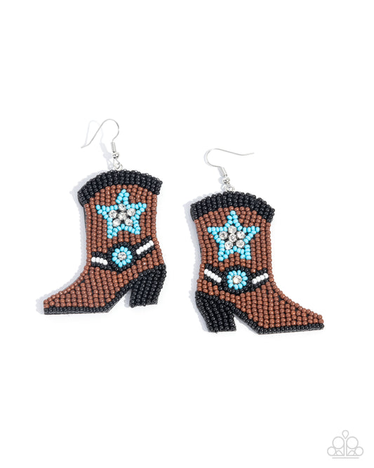 Beaded Boot - Brown, Black, & Turquoise Seed Bead Cowboy Boot Paparazzi Earrings