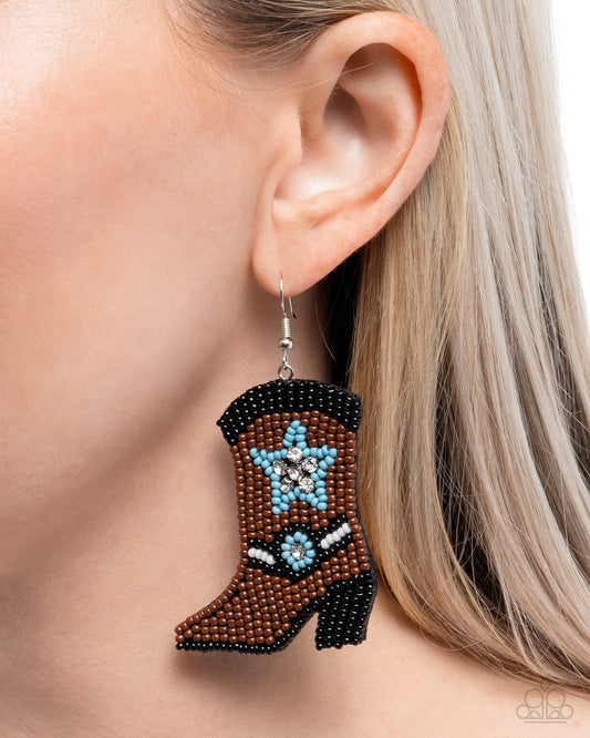 Beaded Boot - Brown, Black, & Turquoise Seed Bead Cowboy Boot Paparazzi Earrings