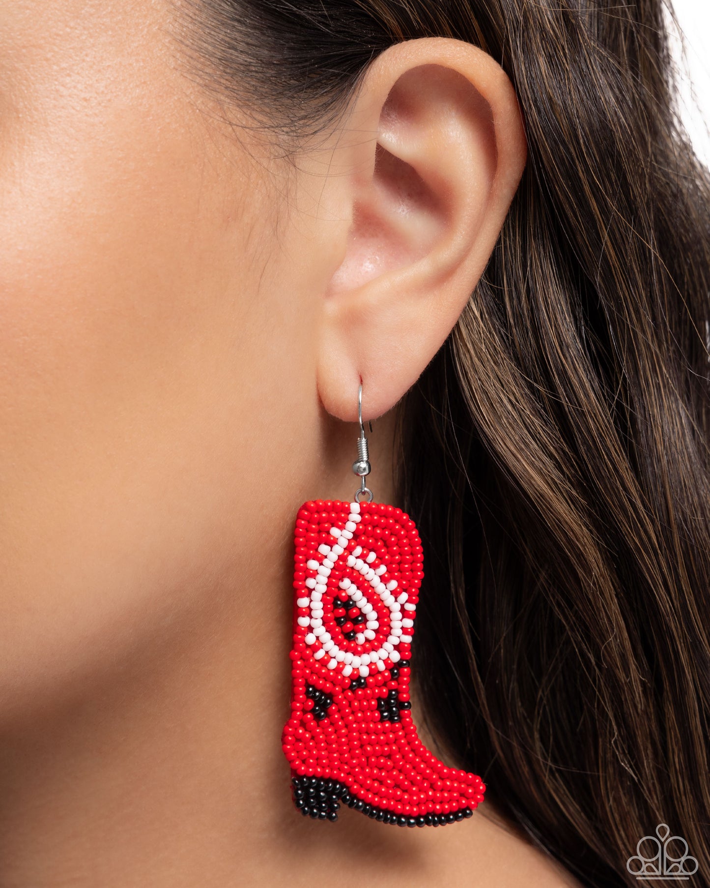Western Webbing - Red, White, & Black Seed Bead Cowboy Boot Paparazzi Earrings