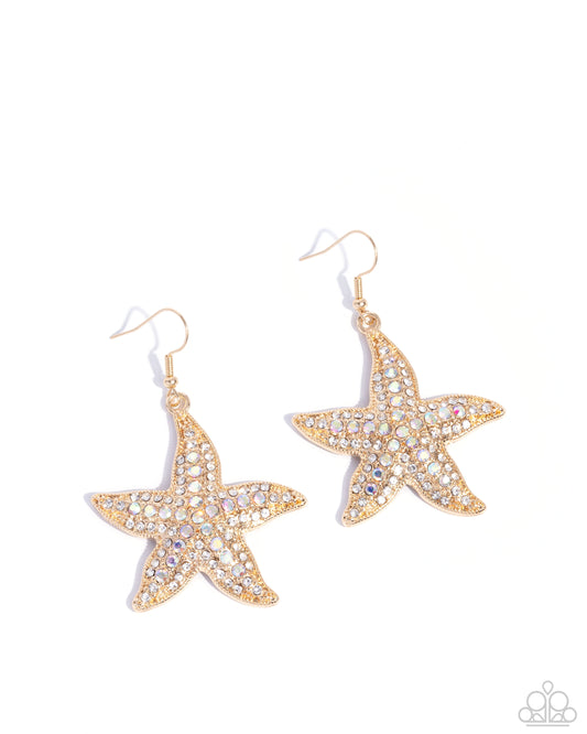 Starfish Spectacle - Gold/White & Iridescent Rhinestone Starfish Paparazzi Earrings