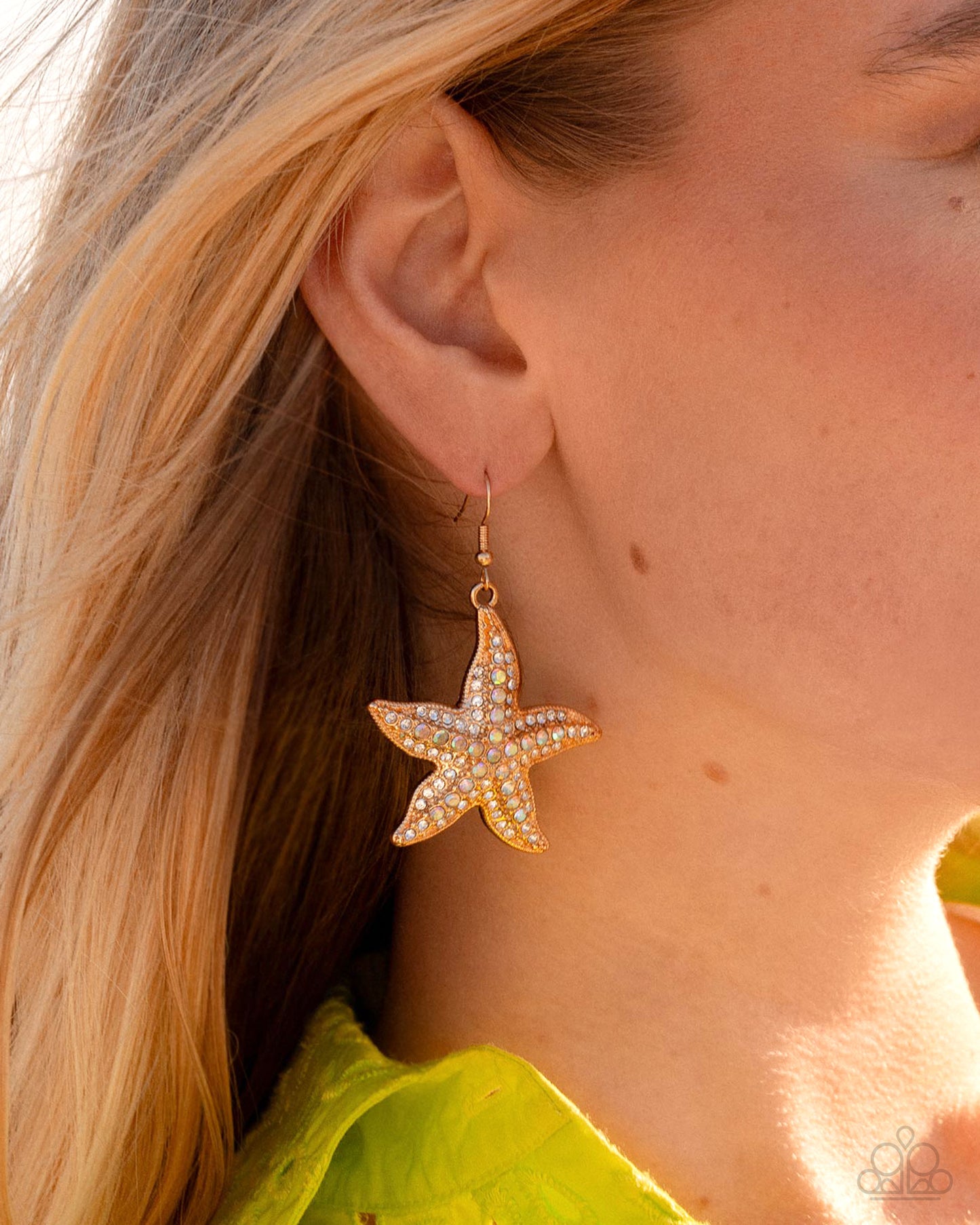 Starfish Spectacle - Gold/White & Iridescent Rhinestone Starfish Paparazzi Earrings
