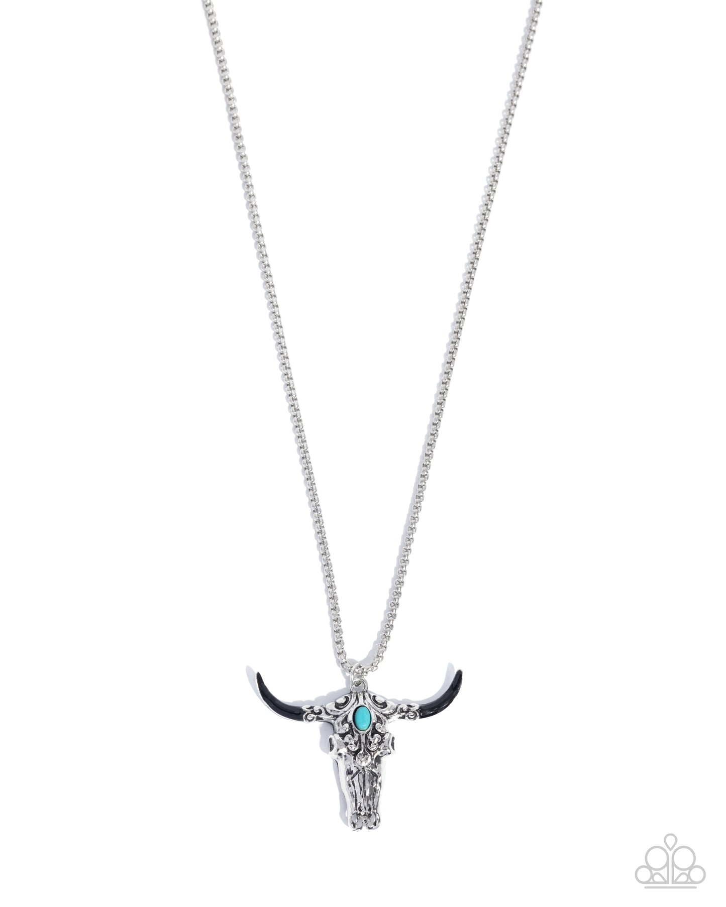 Longhorn Legacy - Black Painted Horns/Turquoise Stone/Silver Bull Skull Pendant Paparazzi Necklace & matching earrings