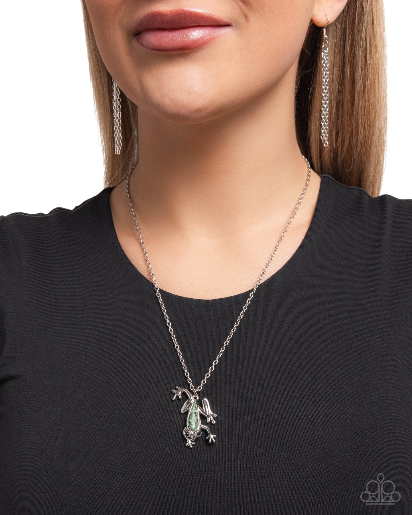 Flashy Tree Frog - Green Marbled Stone/Silver Tree Frog Pendant Paparazzi Necklace & matching earrings