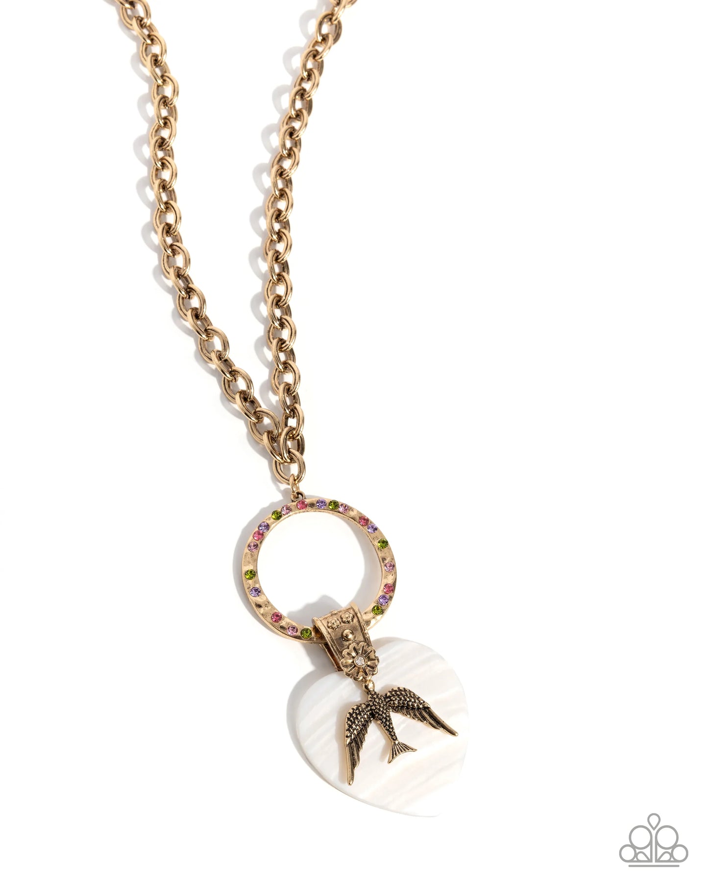 Malibu Match - Multicolored Rhinestones/Gold Cable Chain/White Shell/Gold Bird Pendant Paparazzi Necklace & matching earrings