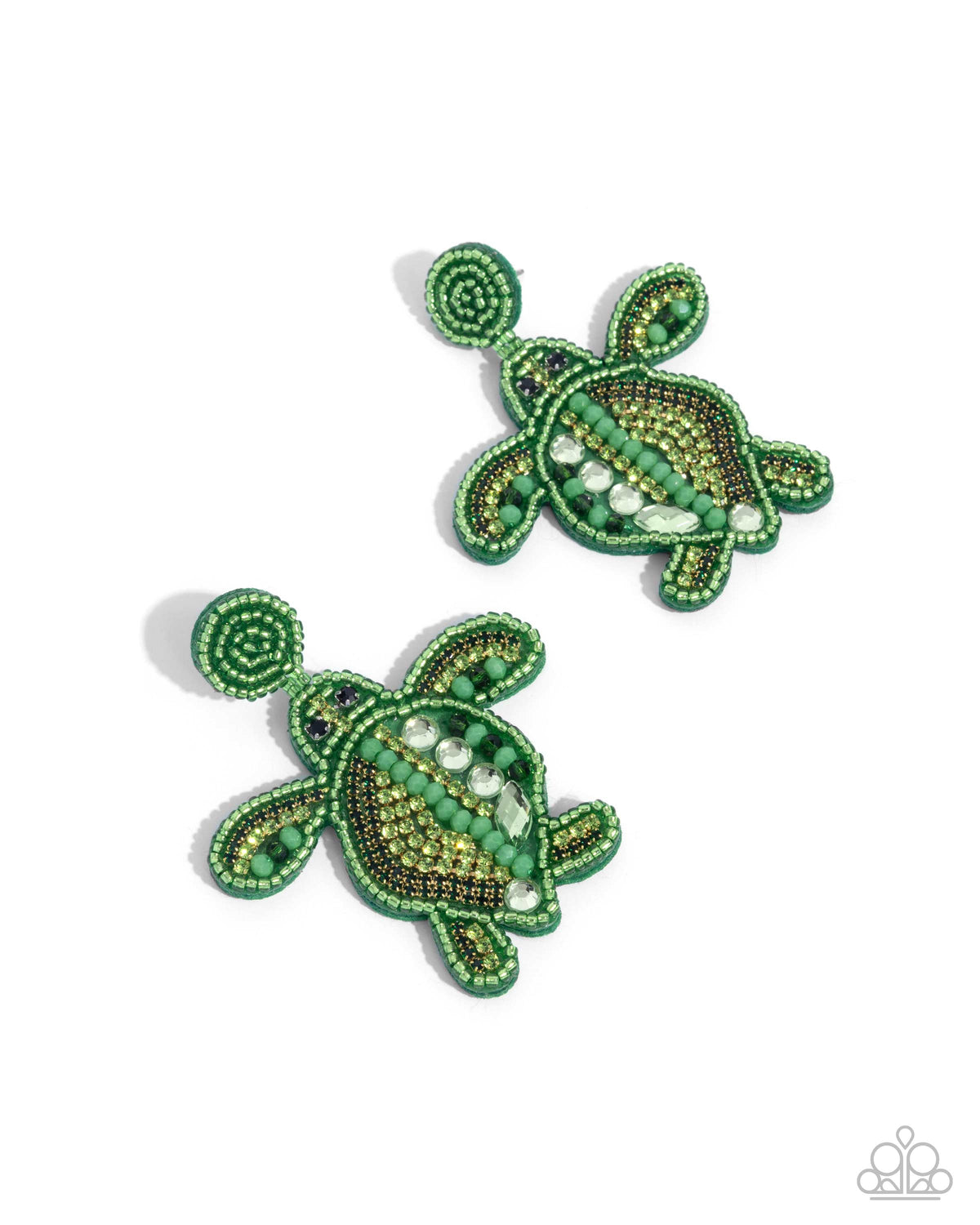 Turtle Tapestry - Green Seed Bead Embroidered Felt Turtle Paparazzi Earrings