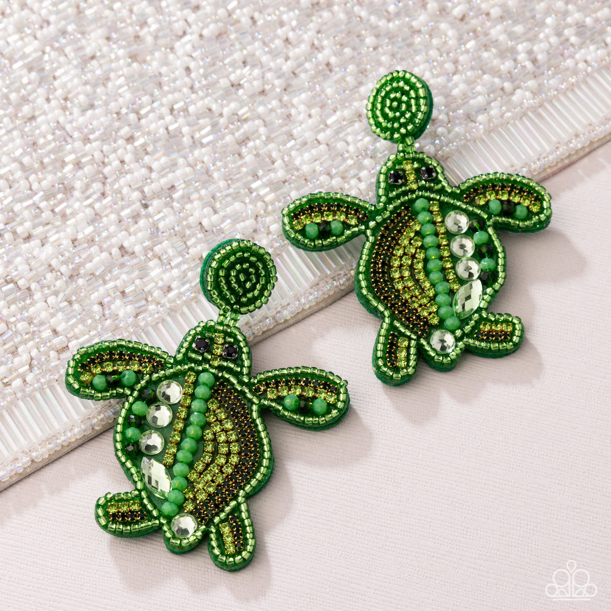 Turtle Tapestry - Green Seed Bead Embroidered Felt Turtle Paparazzi Earrings