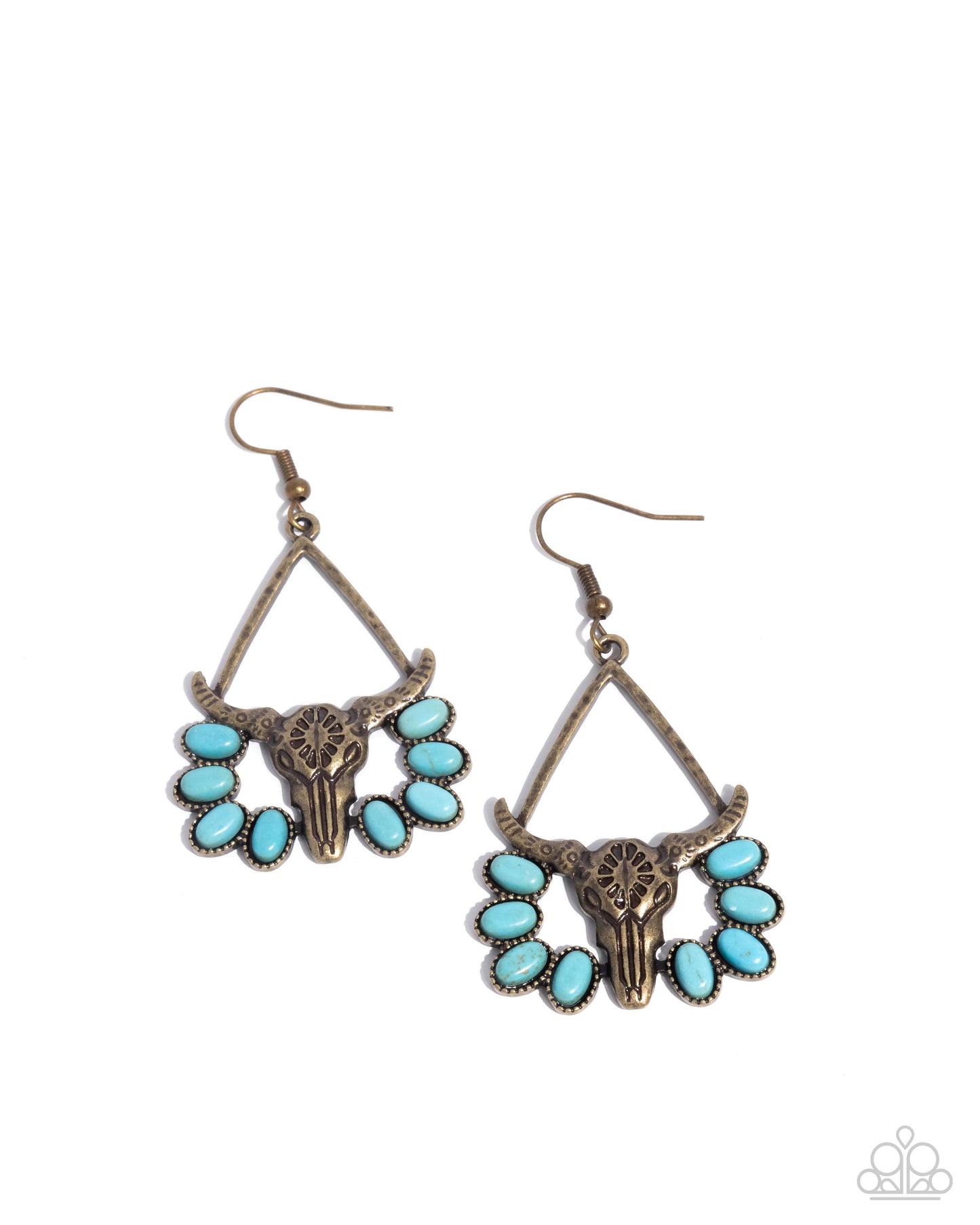 Western Whirlwind - Brass Longhorn Skull/Oval Turquoise Stones Paparazzi Earrings