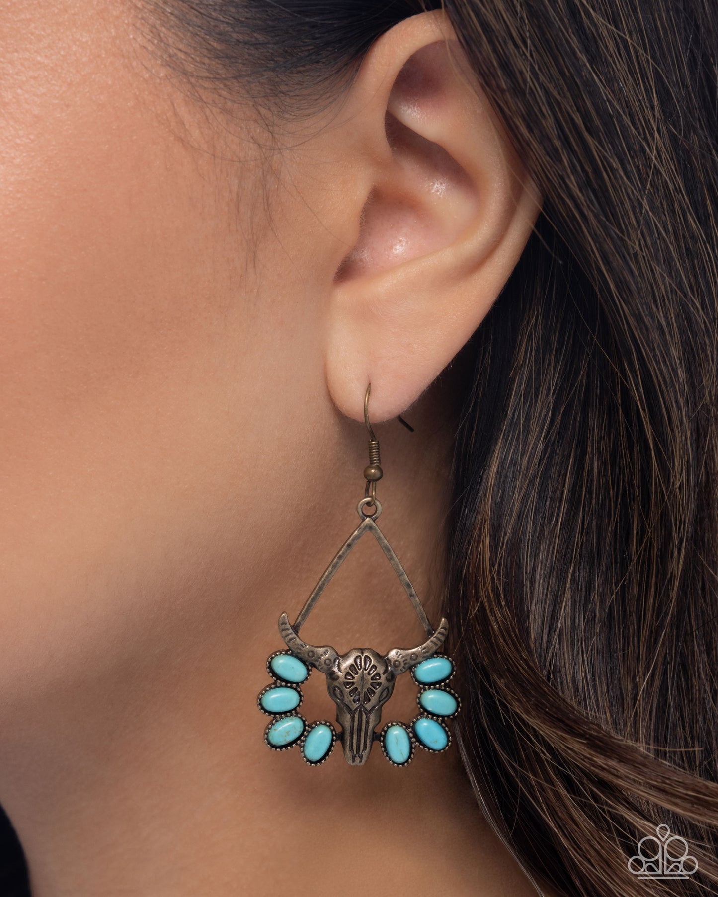 Western Whirlwind - Brass Longhorn Skull/Oval Turquoise Stones Paparazzi Earrings