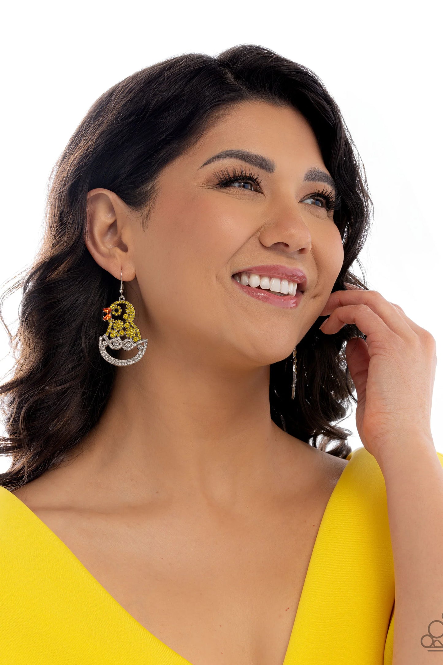 Chick Couture - Yellow Rhinestone Chick/White Rhinestone Eggshell Paparazzi Earrings