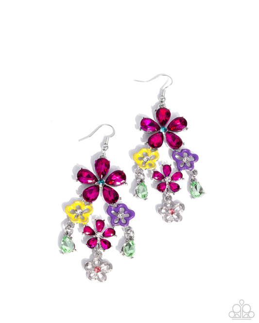 Floral Fountain - Pink Gems, Yellow & Purple Painted Flowers Paparazzi Earrings