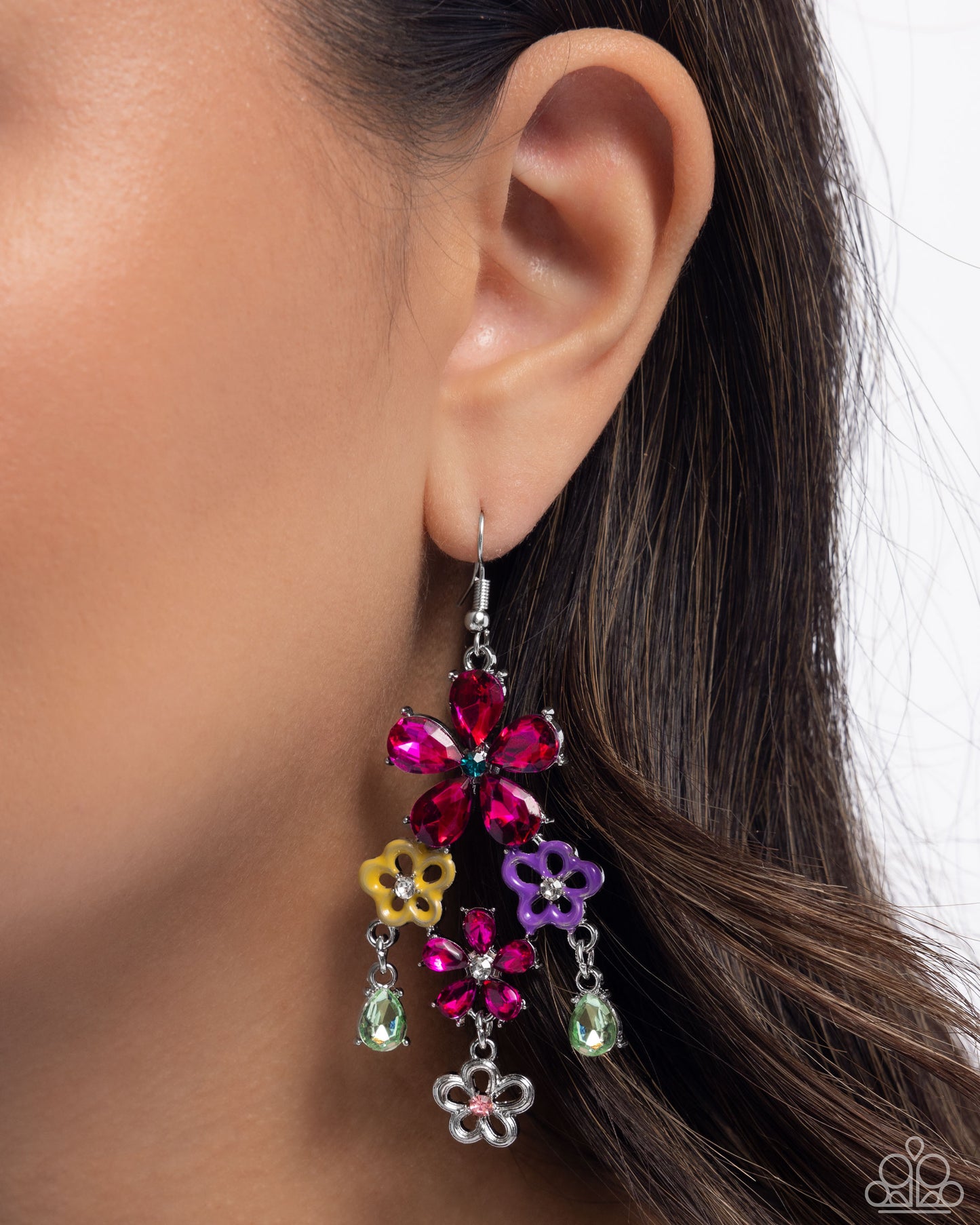 Floral Fountain - Pink Gems, Yellow & Purple Painted Flowers Paparazzi Earrings