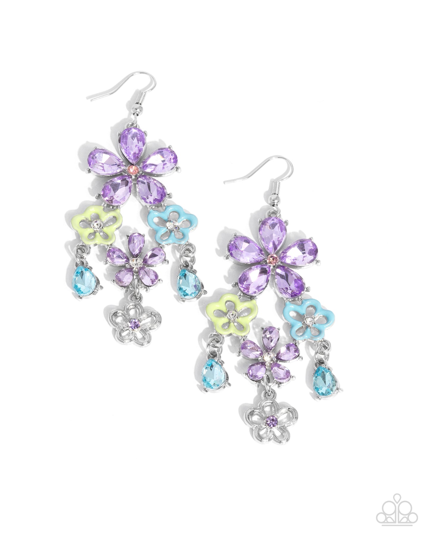Floral Fountain - Purple Rhinestone Flowers, Green & Blue Painted Flowers Paparazzi Earrings