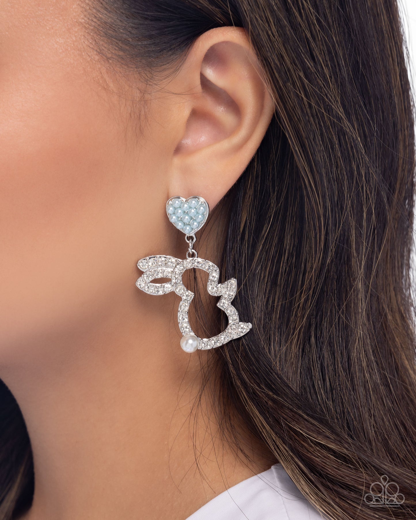 Easter Element - Blue Pearl Heart/White Rhinestone & White Pearl Bunny Paparazzi Earrings
