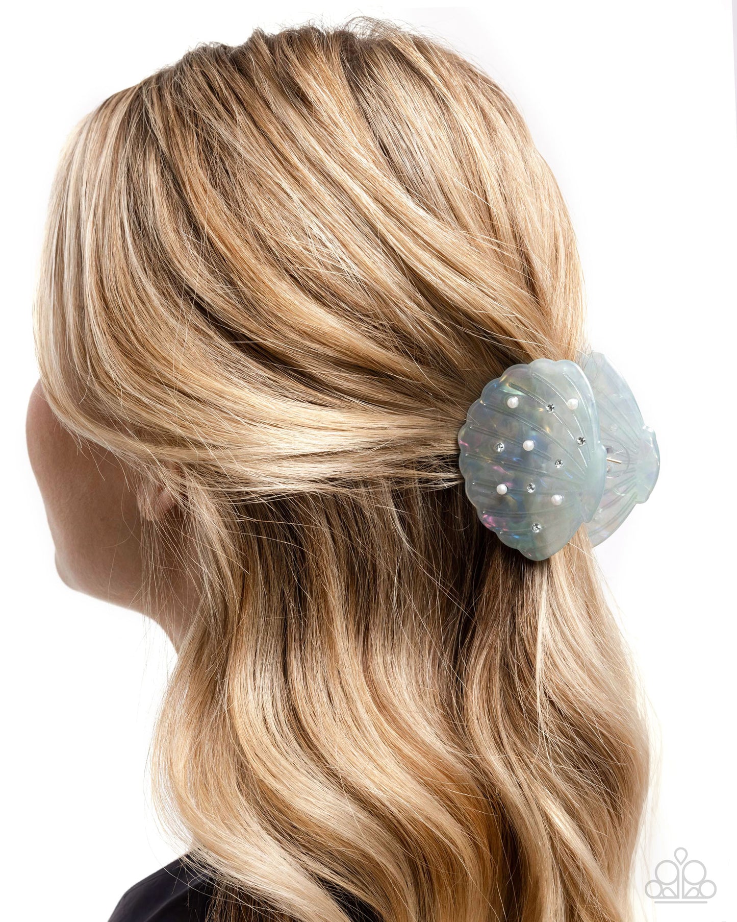 Seashell Scope - Multicolored Iridescent Blue Seashell/Dainty White Pearls Paparazzi Hair Claw Clip