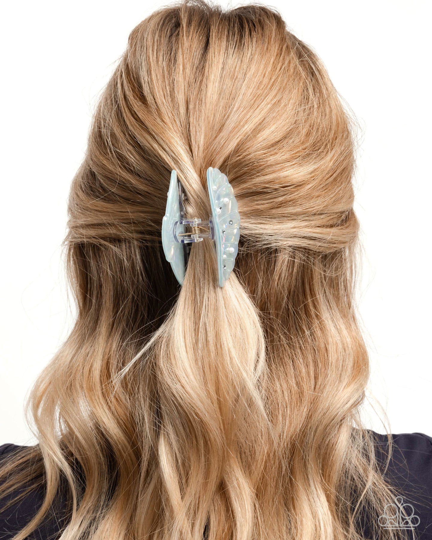 Seashell Scope - Multicolored Iridescent Blue Seashell/Dainty White Pearls Paparazzi Hair Claw Clip
