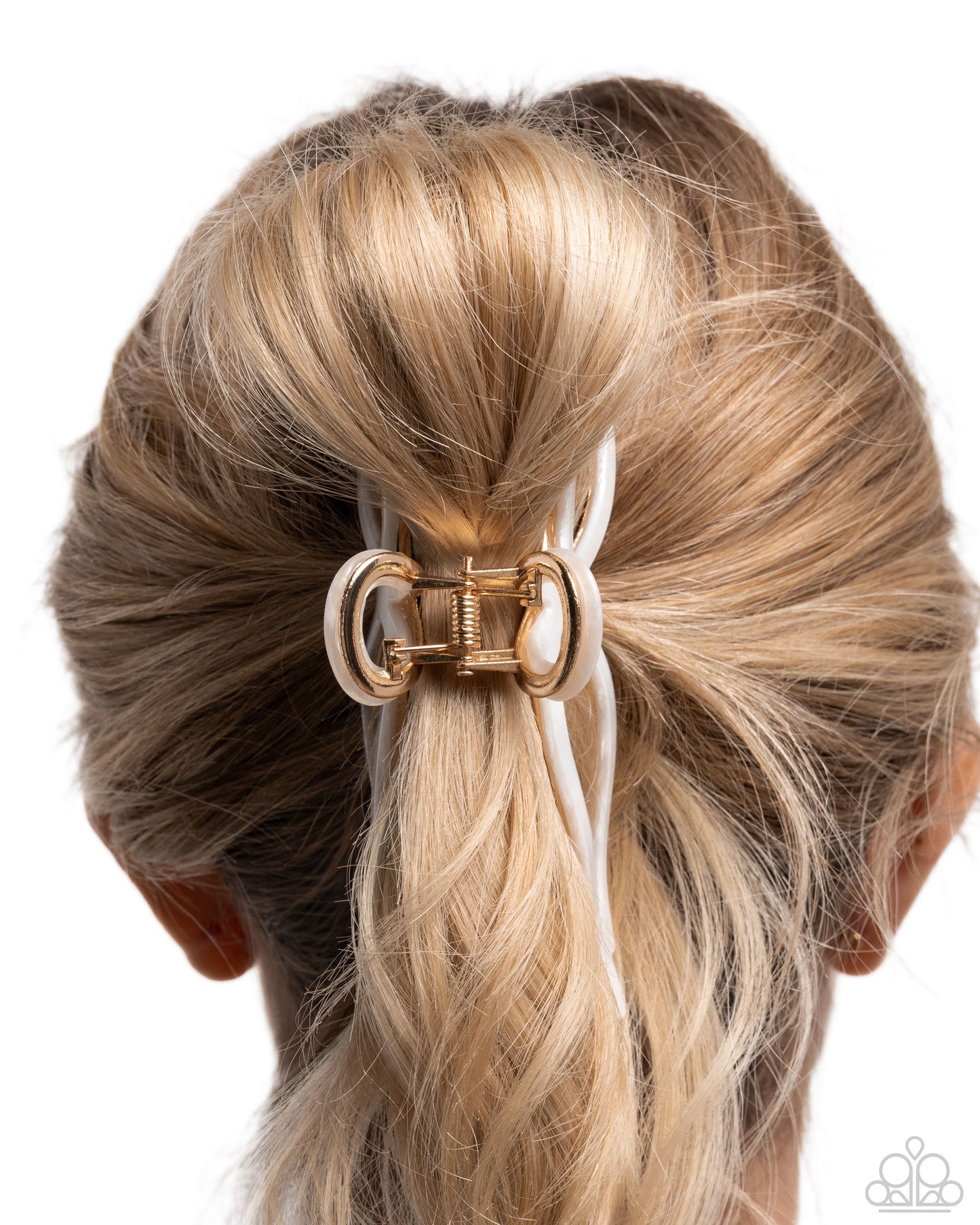 Coquette Clip - White Pearlized Overlay/Gold Bow Paparazzi hair Clip