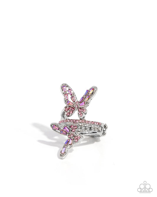 Fluttering Flamenco - Pink Rhinestone Encrusted Butterflies Paparazzi Ring